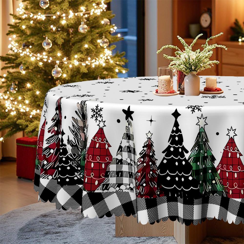 Christmas Themed Tablecloth, Waterproof And Oil-Proof Leave-In, Plaid Christmas Tree, European Retro, Household Round Tablecloth