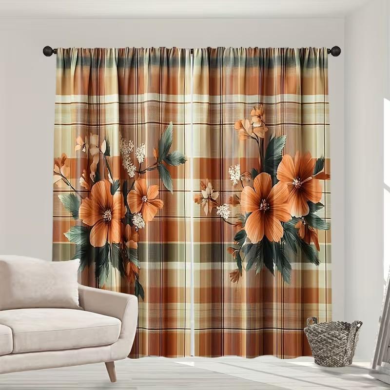 2Pcs Retro checkered flower print curtains,suitable for bedroom,living room kitchen decoration,home decoration,window decoration
