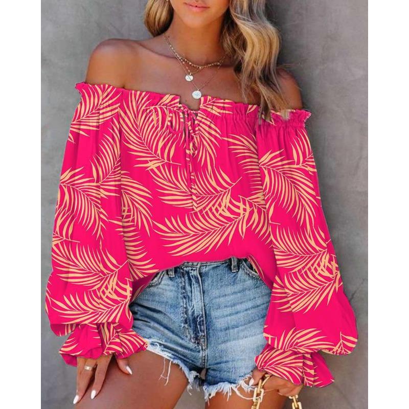 Women S One Shoulder Long Sleeve Printed Casual Shirt