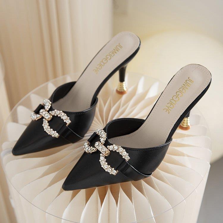 Cool Slippers Women'S Small Size Fashion Rhinestone High Heels Thin Versatile Pointed French Muller Half Slippers Women'S Bag Head