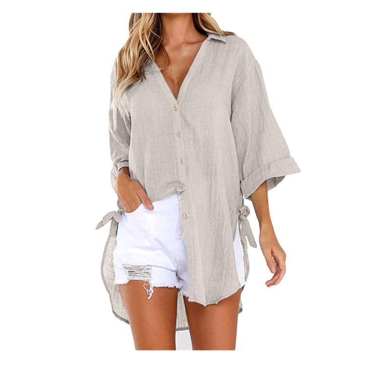 Women Casual Long Sleeve Shirt Loose Lace-up Button Lapel Side Knotted Top