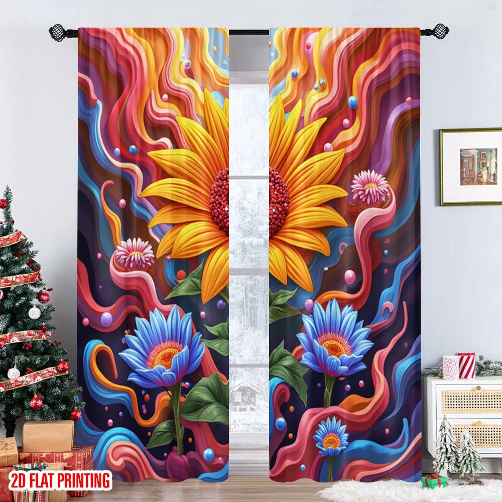 Flat Printing Scene Curtain Retro Flower Heart Swirl Digital Printed Polyester Drapes All Season Party Holiday Decor Curtains Set Of 2 Made