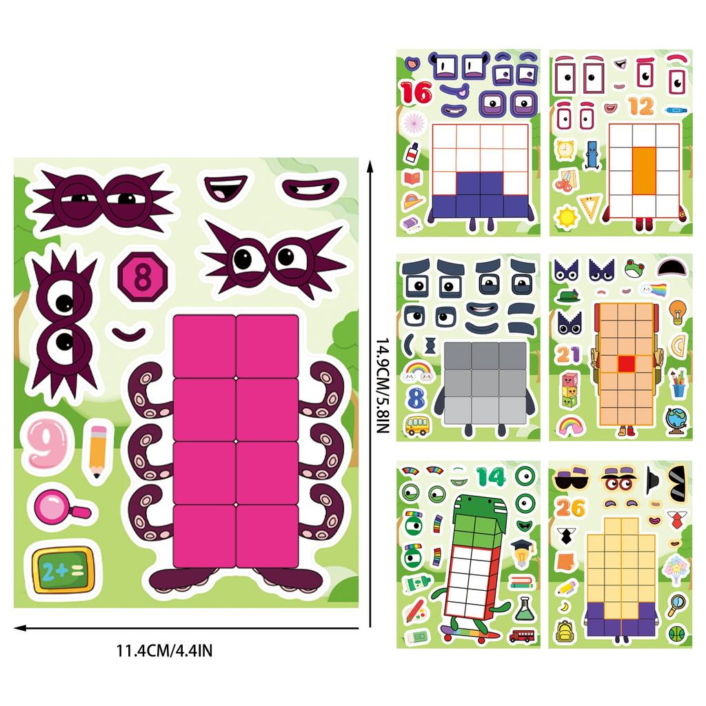 8/16Pcs Number Block Puzzle Make A Face Stickers Educational DIY Waterproof for Storage Box Drawer Guitar Stationery Box Decals