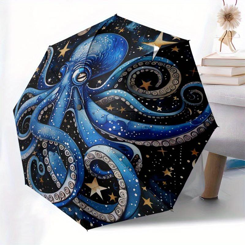 Galactic Octopus Wall Art: Celestial Blue Decor for Your Space Umbrella, Cute Umbrella with Cute Design, Portable 3-Fold Compact Umbrella for Men & Wo