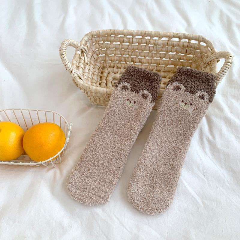Winter Coral Fleece Socks Female Cartoon Cute Plush Thickened Sleeping Socks Female Medium Tube Floor Confinement Socks Female