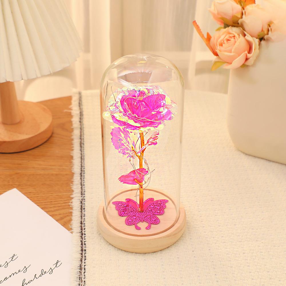 Gold Foil Flower Glass Cover with Lamp, Butterfly Rhinestone Rose Lamp, Mother's Day Valentine's Day Gift.