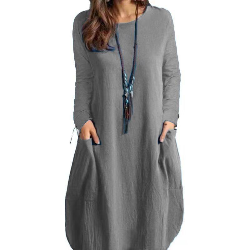 Women's Spring Summer Cotton Linen Midi Dress, Loose Casual Solid Color Round Neck Short Sleeve Dress with Pockets for Daily Wear