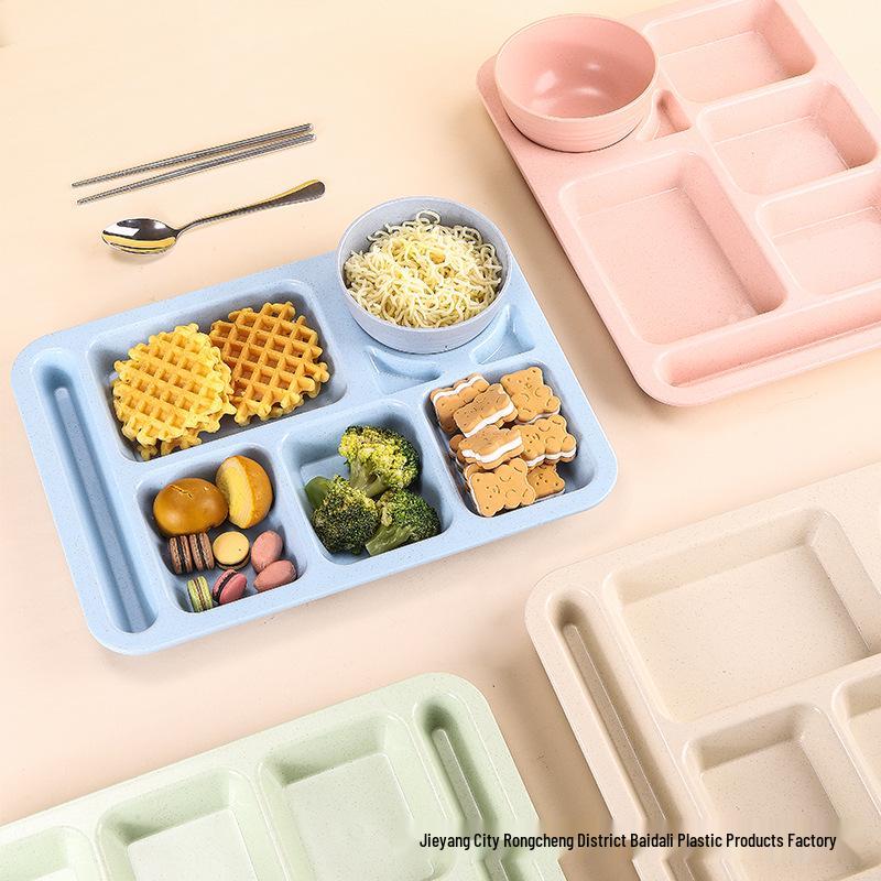 Cross-border Wheat Straw Children's Anti-fall Compartment Dinner Plate for Household or Student Canteen Use.