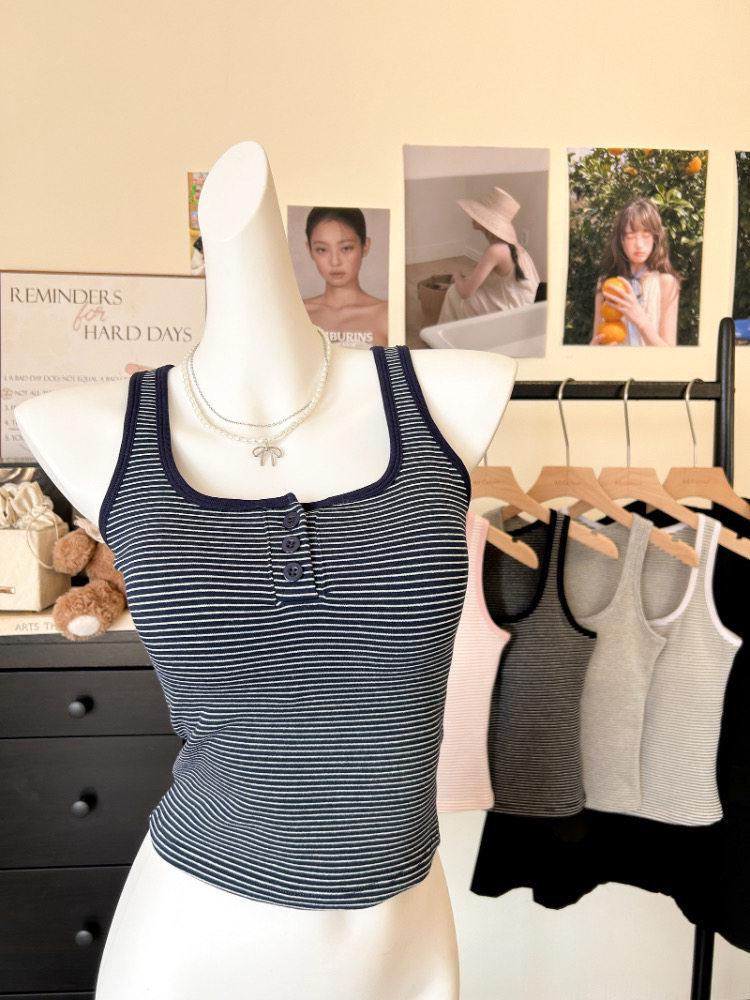 Korean Style Women's Square Neck Vest with Built-in Bra, Retro Stripe Camisole, Slim Fit Spicy Girl Top