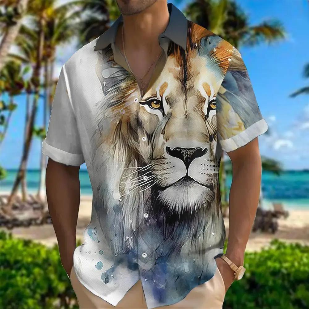 Hawaiian Men's Shirt Animal Print Summer New And Women's Lion Pattern Short Sleeve Loose Large Breathable Top