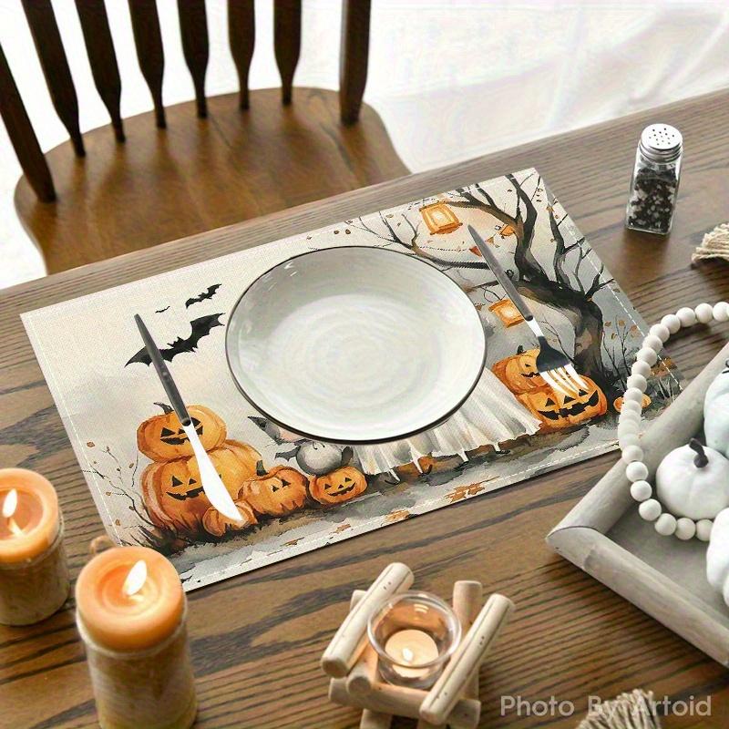 4pcs Linen Placemats, Halloween-Themed Decorative Placemats, Perfect for Home Dining Table, Kitchen, and Holiday Party Decorations, 12x18 Inches