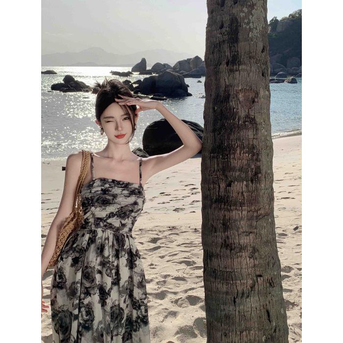 Shoulder Strap Adjustable Ink Floral Tube Top Suspender Dress Women's New Summer Waist Design Long Dress