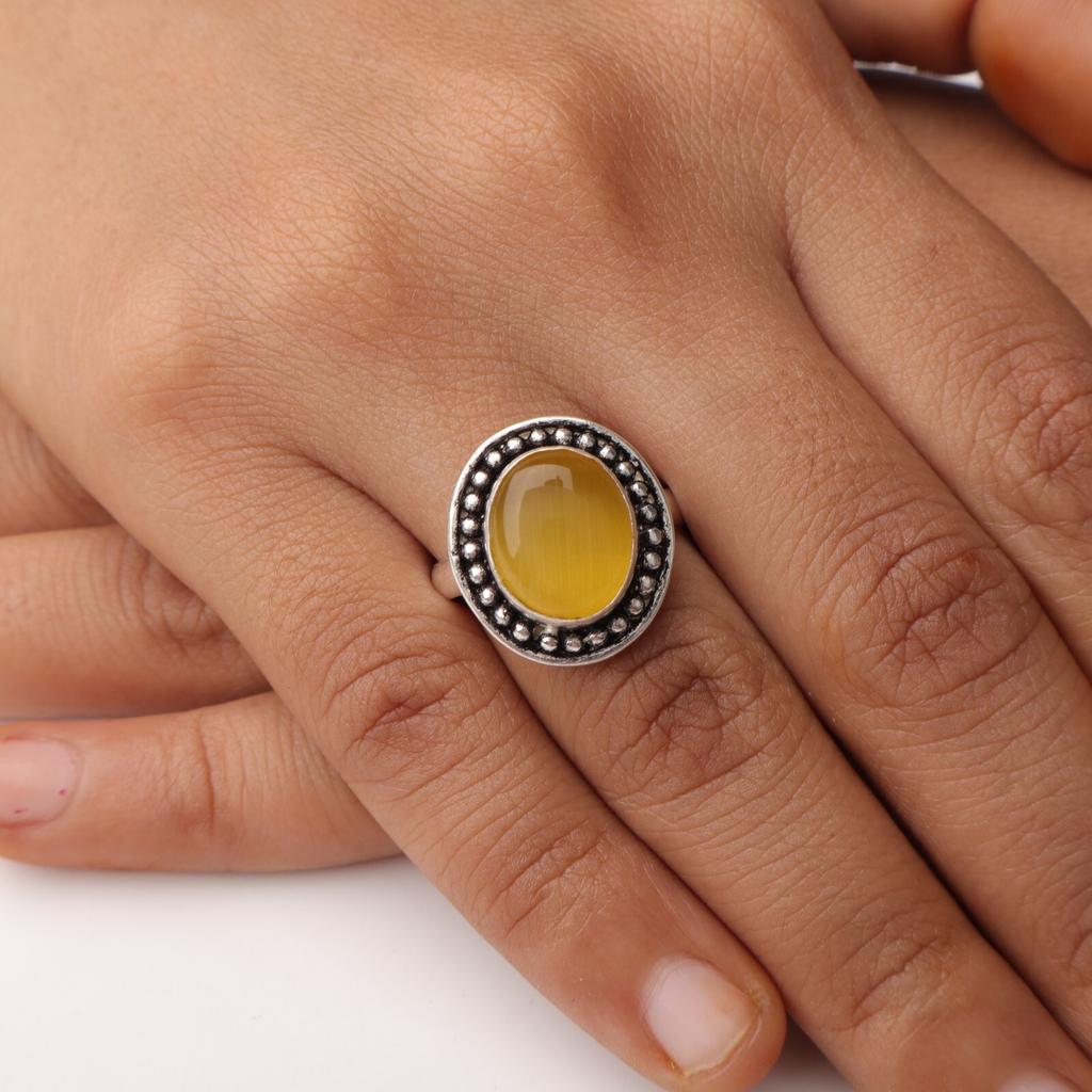 Yellow Cat's Eye Gemstone 925 Sterling Silver Jewelry Handmade Birthday Ring RR-62-41