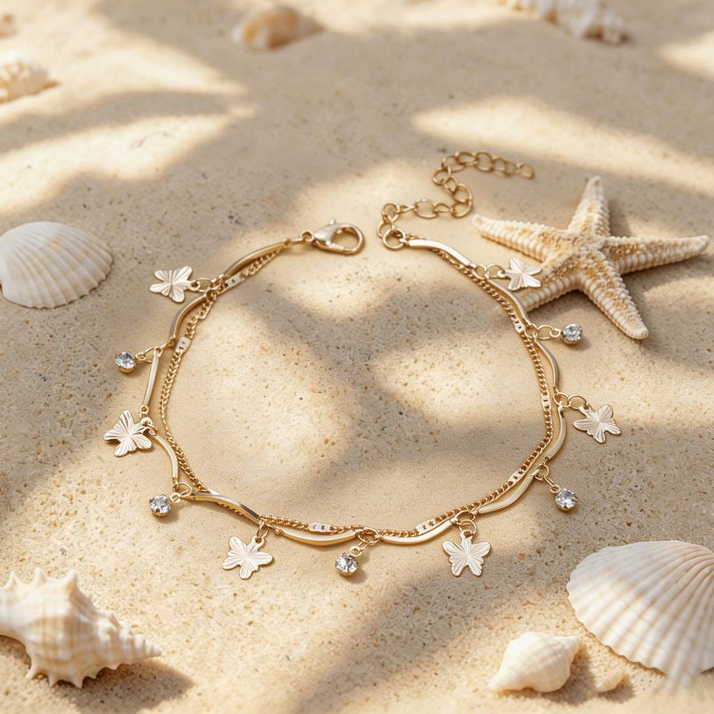 Double-layer butterfly metal cold wind anklet women's niche design sense gold chain foot chain tide
