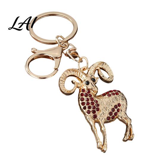 Golden Plated Key Ring Sparkling Rhinestone Goat Keychain for Men Zinc Alloy Accessory Women Decorative Keychain Car Keys Handbags Backpacks Purses