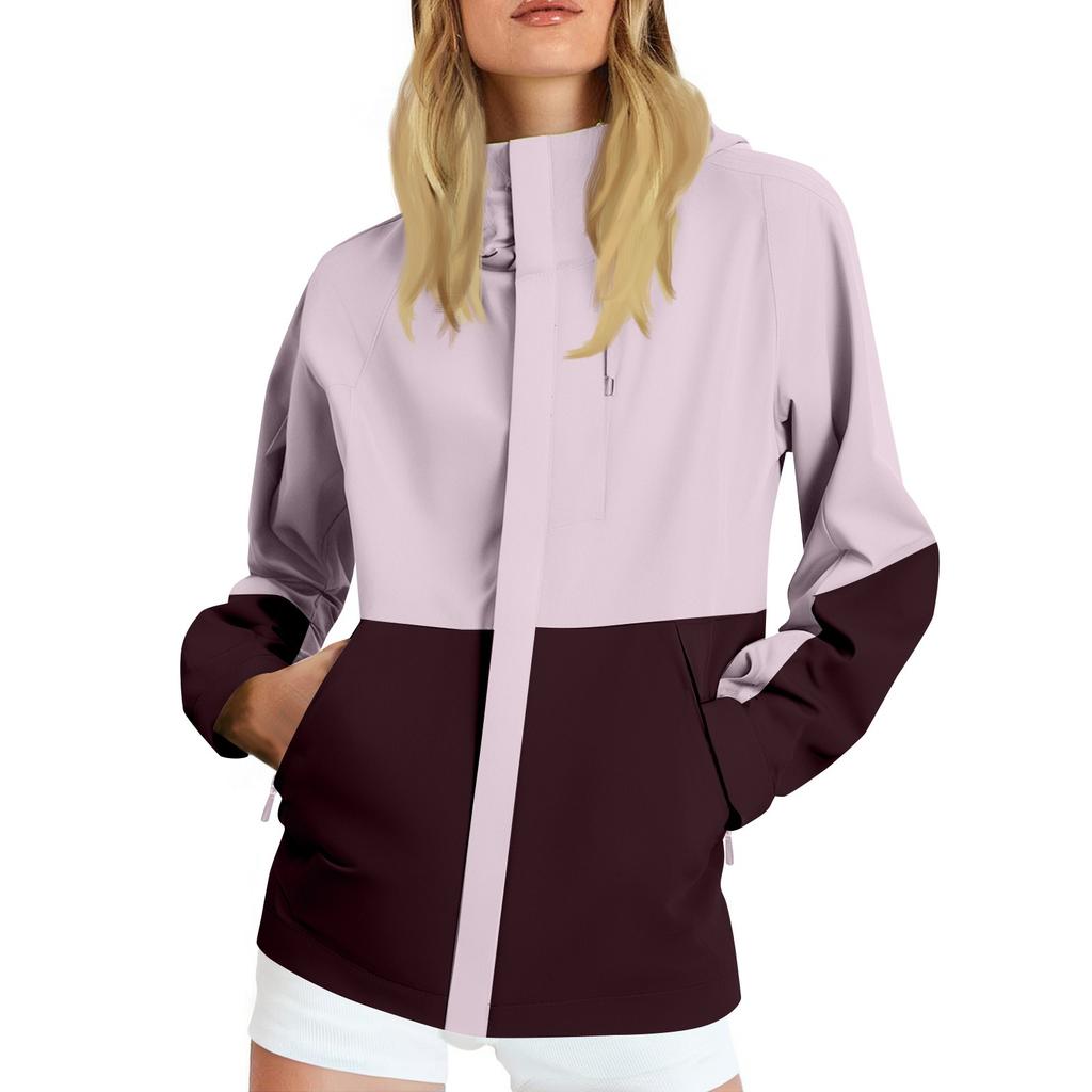 Women Solid Stripe Rain Jacket Outdoor Plus Waterproof Hooded Raincoat Windproof