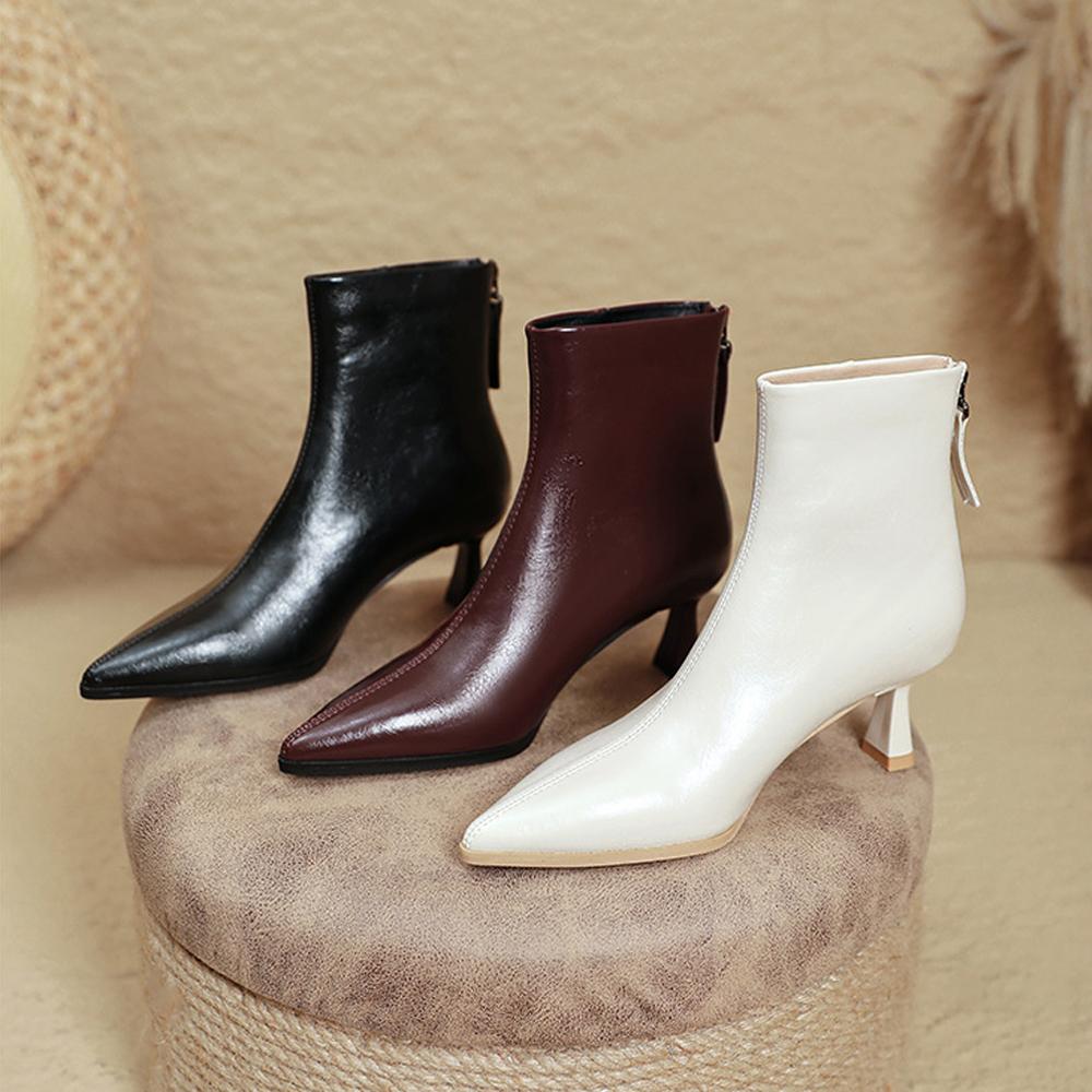Women's Kitten Heel Bootie Fall Winter  6cm Pointed Toe Ankle Boots Leather Dress Jeans Booties With Zipper Heels Boots