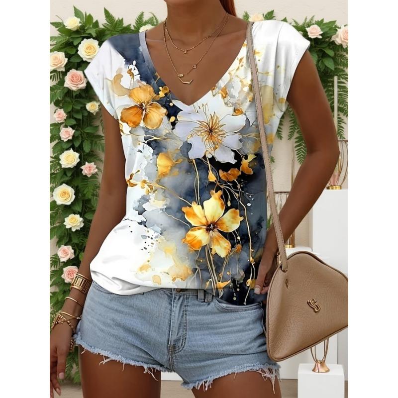 Casual floral V-neck short-sleeved T-shirt S