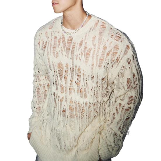 Maglie da Uomo Girocollo Manica Lunga Maglietta Lavorata a Maglia Abbigliamento Uomo Retro Traforato Rete Maglie Lavorate a Maglia Primavera Streetwear