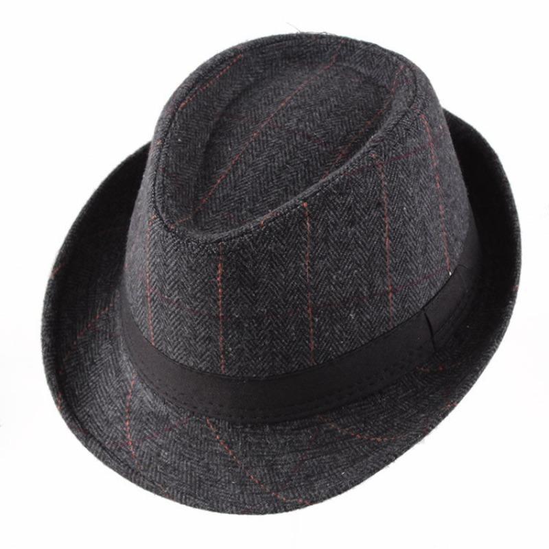 Autumn and winter men's top hat, Frannie plaid fabric warm middle-aged and elderly jazz hat casual top hat men's hat