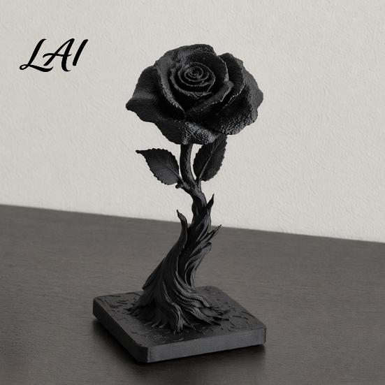 Small Rose Sculpture 3D Printed Black Statue Ornament Gothic Dark Style Figurine Spiral Decoration Artistic Flame Base Flower Decor Exquisite