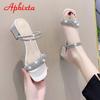 Aphixta 5cm Quadratabsatz Sandalen oder Pantoletten Damen Pantoletten Design Bling Luxus Kristalle Diamanten Hausschuhe Damenschuhe