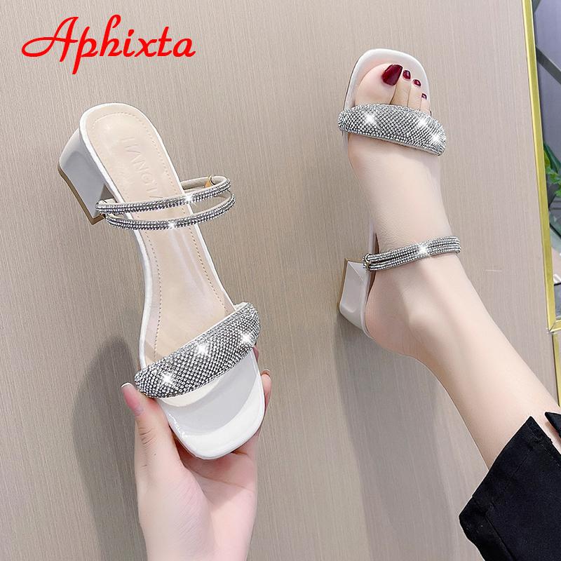 Aphixta 5cm Quadratabsatz Sandalen oder Pantoletten Damen Pantoletten Design Bling Luxus Kristalle Diamanten Hausschuhe Damenschuhe