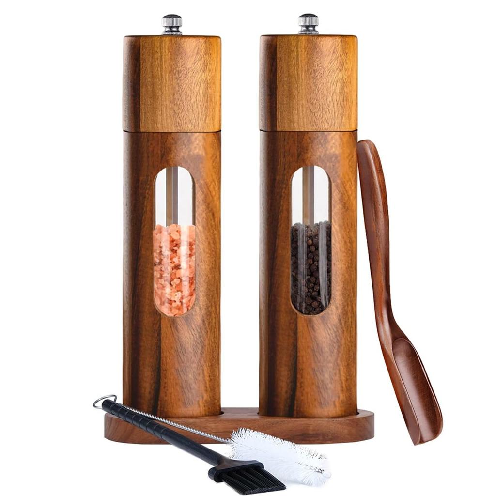 Wooden Salt and Pepper Grinder,8 Inch Manual Pepper Mill Adjustable Coarseness Refillable,Acacia Wood Pepper Shakers for Kitchen