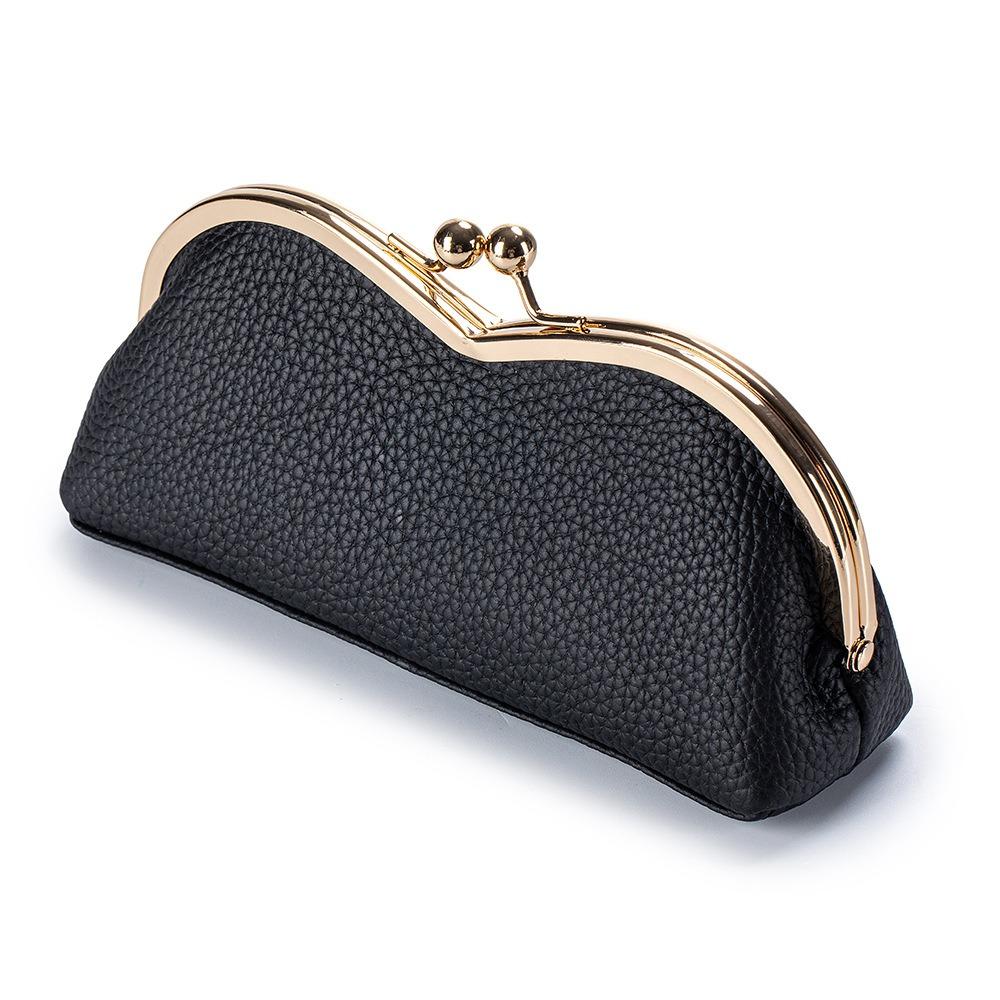 New Genuine Leather Glasses Case, Niche Sunglasses Storage Bag with Kiss Buckle, Case for Sun Glasses & Women's Eyebrow Pencils
