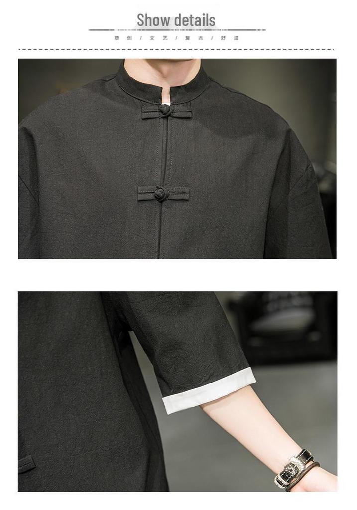 Men’s Summer Ice Silk Chinese Buttoned Short-Sleeve Tang Suit Shirt, Cotton-Linen Hanfu Zhongshan Retro Style