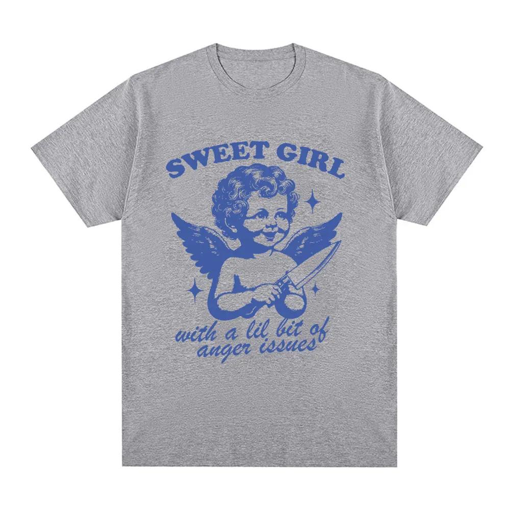 Sweet Girl with Anger Issues T Shirt Funny Angel Lovers T-shirts 100% Cotton Casual Oversized Short Sleeve Tee Shirt Unisex