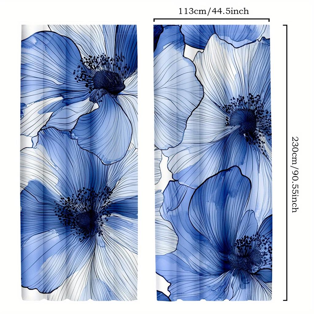 2pcs Blue and Silvery Watercolor Flower Curtains   Thermal Insulated Blackout Drapes