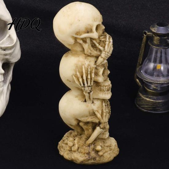 Personalized Shelf Display Stacked Skull Heads Statue Gothic Resin Figurine See Speak Vintage Aged Bone Figurine Hear No Evil Skulls Sculpture