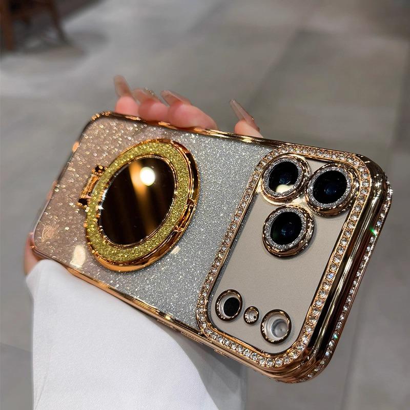 

for Magsafe Glitter Diamond Mirror Bracket Case for iPhone 17 16 15 Pro Max 14 Plus Air 11 12 13 Stand Make Up Lens Film Cover iPhone 11