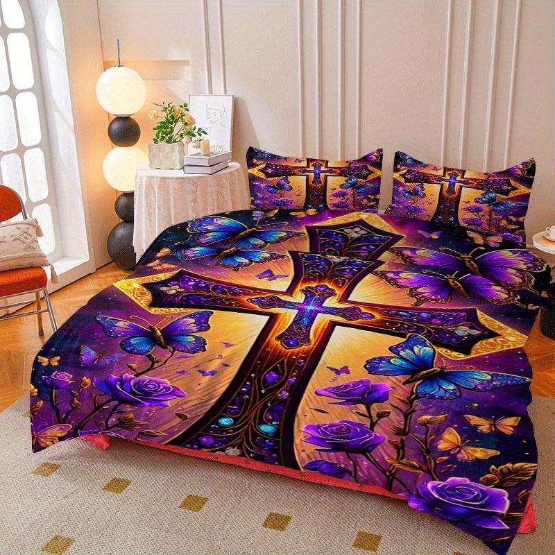 2/3pcs Purple Rose and Cross Butterfly Printed Quilt Cover Set, HD Digital Printed Quilt Cover Set Contains Quilt Cover