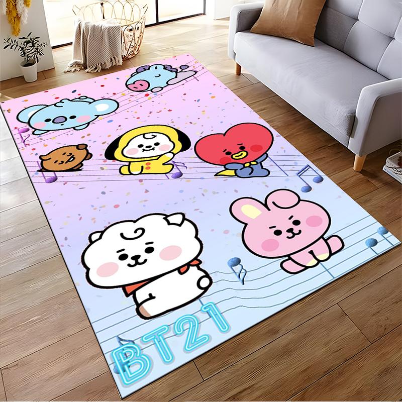 BT21 Cartoon Characters Carpet with Cute Animals On Colorful Design Suitable for Use As an Anti-slip for Living Room Bedroom Sofas