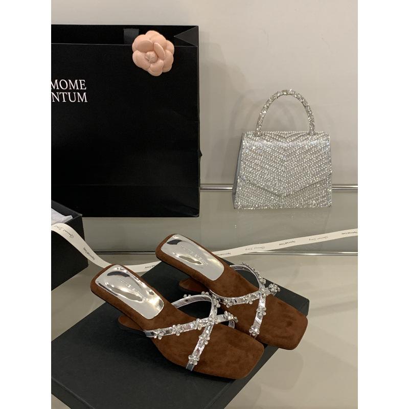 2025 Spring and Autumn New Fashion Versatile Special-shaped Slope Heel Cool Slippers Women's Summer Wear Half-drag Rhinestone High Heels