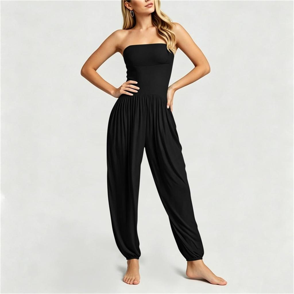 Mono de mujer sin mangas y sin tirantes Cintura elástica Bolsillo Ajuste holgado informal Mono Pantalones largos