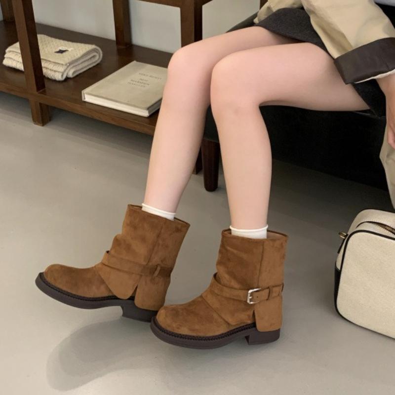 Fashion Metal Buckle Decoration Design Ankle Boots Women High Quality Retro Faux Suede Boots Comfortable Non-Slip Platform Boots