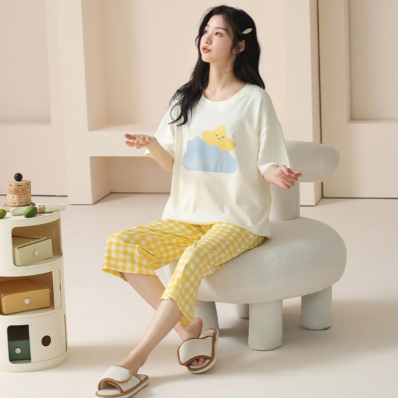 

Class A Antibacterial 100% Pure Cotton Pajamas Women S Summer Short-Sleeved Pullover Girl Large-Size Cotton Loungewear Women S Suit 4XL