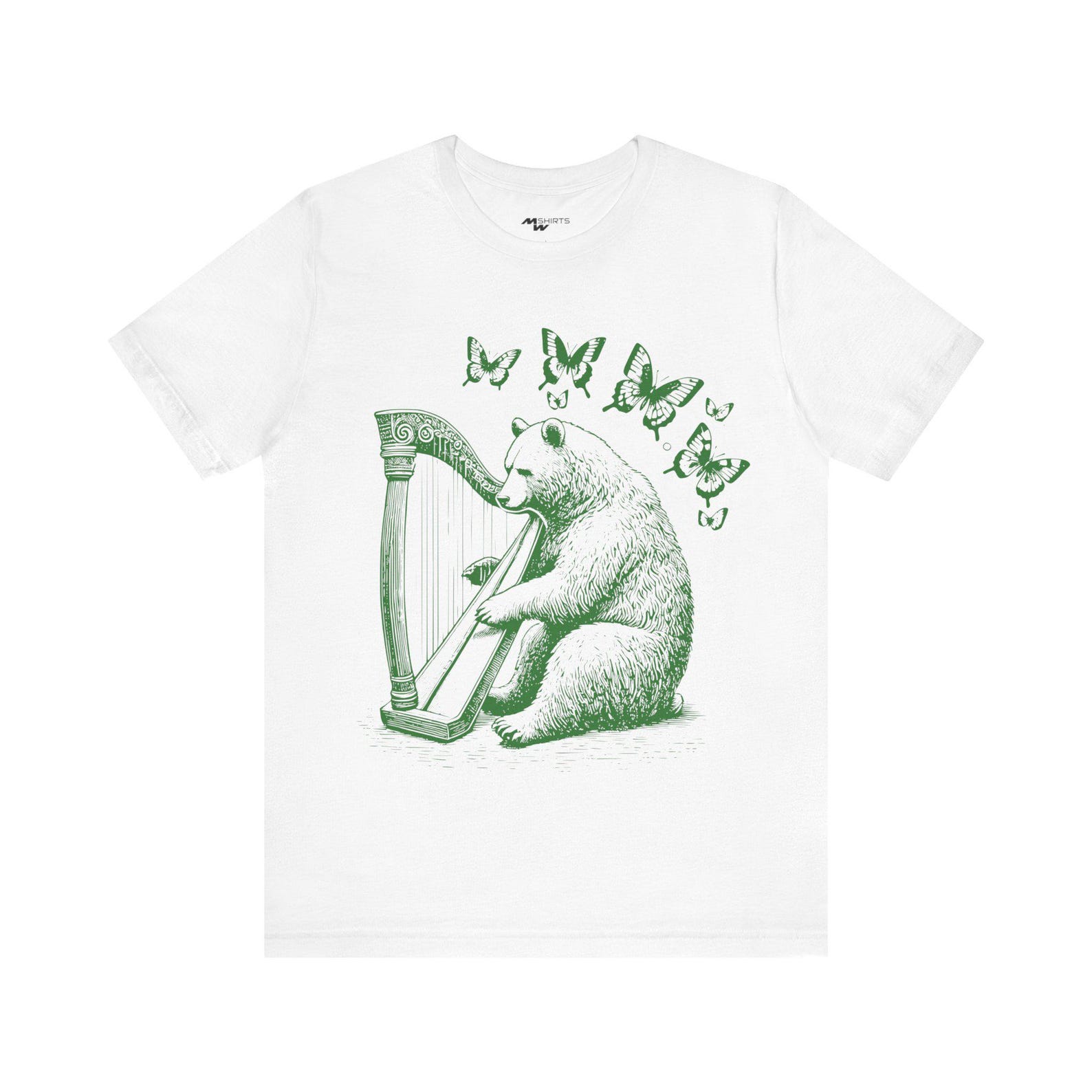 Engraving Style Bear Harpist T-Shirt: Whimsical Butterfly Design M