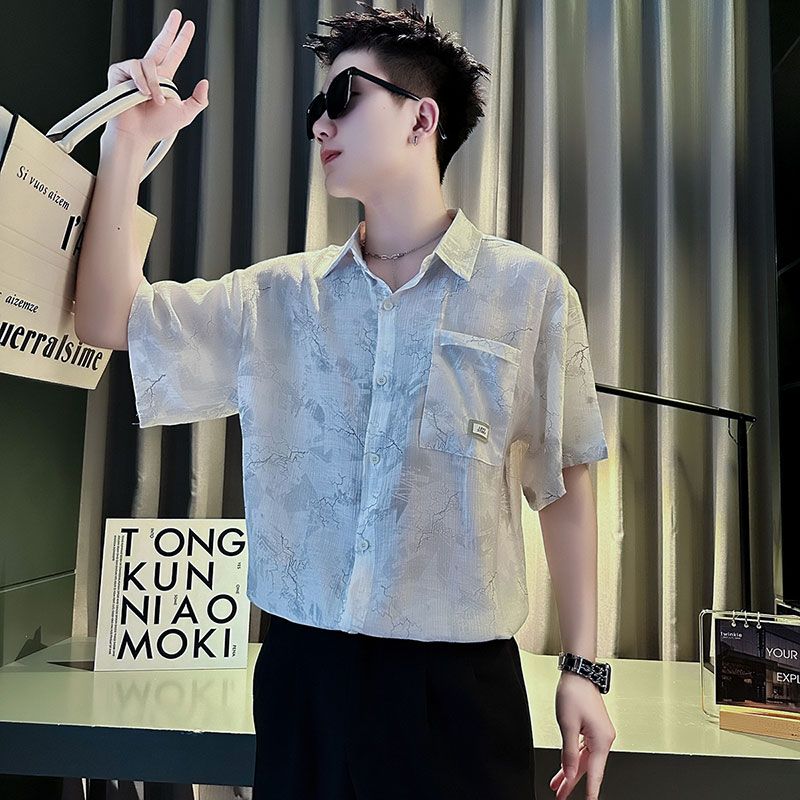 Ice Silk Drooping Short-sleeved Shirt Men's Printed Men's Inch Shirt New Summer Thin Tops Handsome Shirt