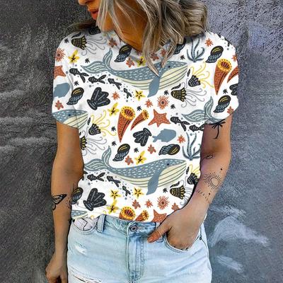 Dam T-shirt Tecknad Liten Val 3D-tryckt T-shirt Mode Populär Överdimensionerad T-shirt Sommar Dam Rundhalsad T-shirt