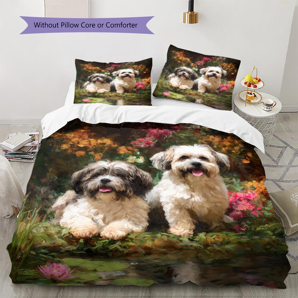 Shih Tzu and grass Pattern Bedding Home Decoration Birthday Gift (1 * duvet cover + 2 * pillowcase, without core)