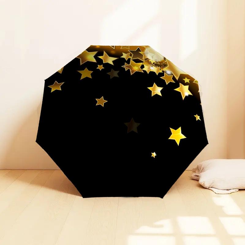 Golden Starry Sky Automatic Opening Folding Umbrella - Portable 3-Fold Design with Iron Frame for, Festive Gift, Travel, Daily Use1121097a