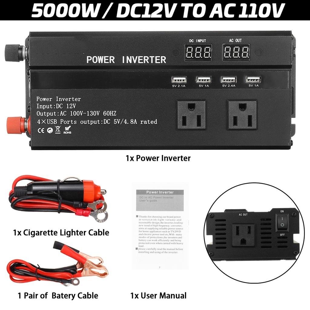 Intelligent Digital Display Modified Sine Wave Inverter Black Voltage Transformer Power Converter DC 12V/24V To AC 110V/220V 5000W