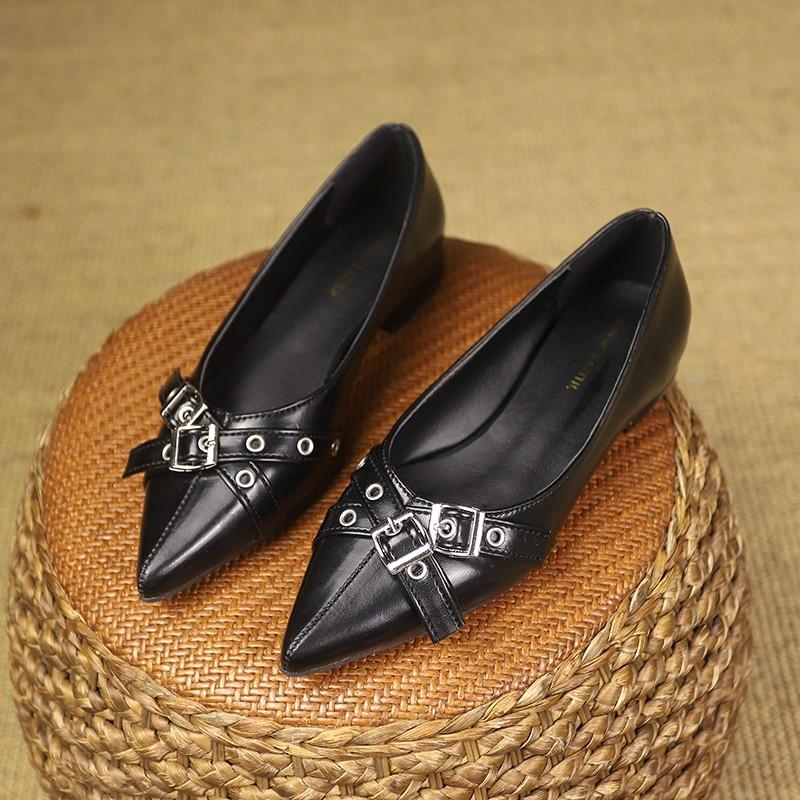 Women's Fashion Low Heel Shoes Autumn New Pointed Head Shallow Mouth Rivets Metal Buckle Soft Sole Non-slip Low Top Shoes
