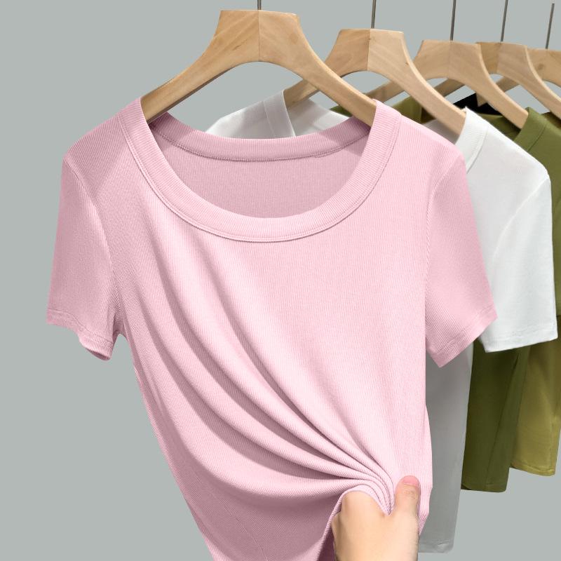 

2026 High-End Solid Color Ribbed U-Neck Slimming T-Shirt L (95-110 lbs) розовый