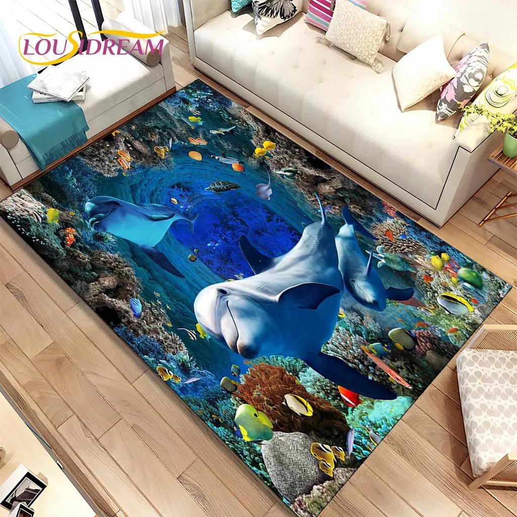 3D Illusion Seabed Underwater World Dolphin Shark Area Rug,Carpet Rug for Living Room Bedroom Sofa Doormat,Non-slip Floor Mat