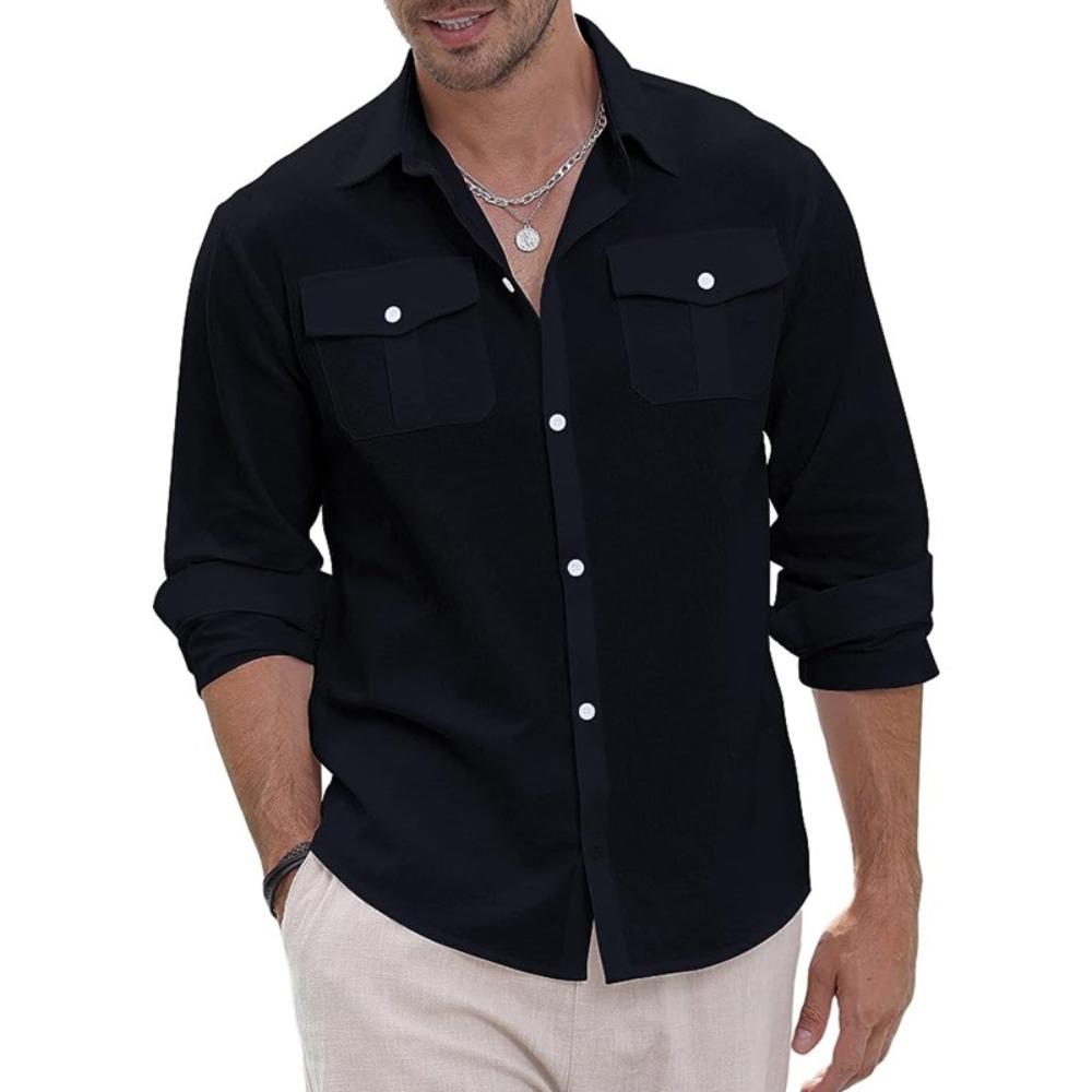 Maglietta polo da uomo a maniche lunghe per primavera ed estate, design a doppia tasca, alla moda, casual, slim, traspirante, tinta unita, camicia da uomo a maniche lunghe